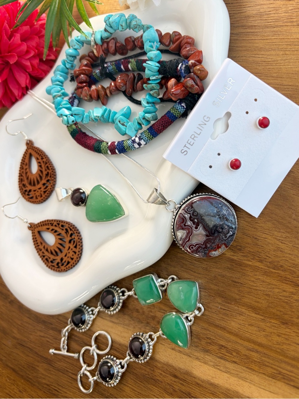 925 Jewelry Lot Garnet Chrysoprase Pendant Bracelet Coral Studs Turquoise New